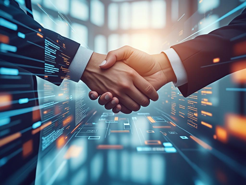 Two business professionals shaking hands over a digital interface with futuristic data visuals and light effects.