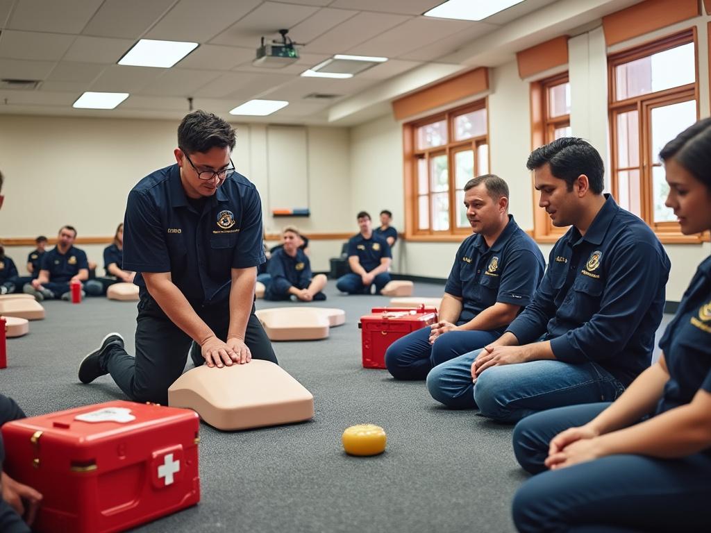 Group of medical professionals in navy uniforms practicing CPR on dummies in a training room with emergency supplies.
