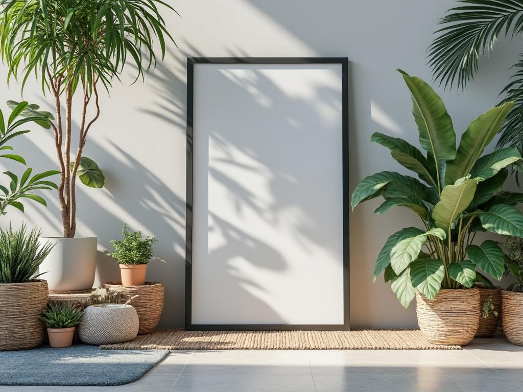 Sala moderna con plantas en macetas y un marco en blanco en la pared.