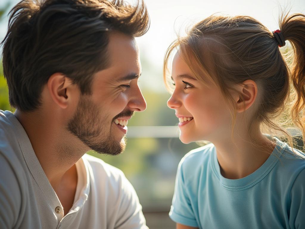 Father and daughter smiling at each other in warm sunlight.