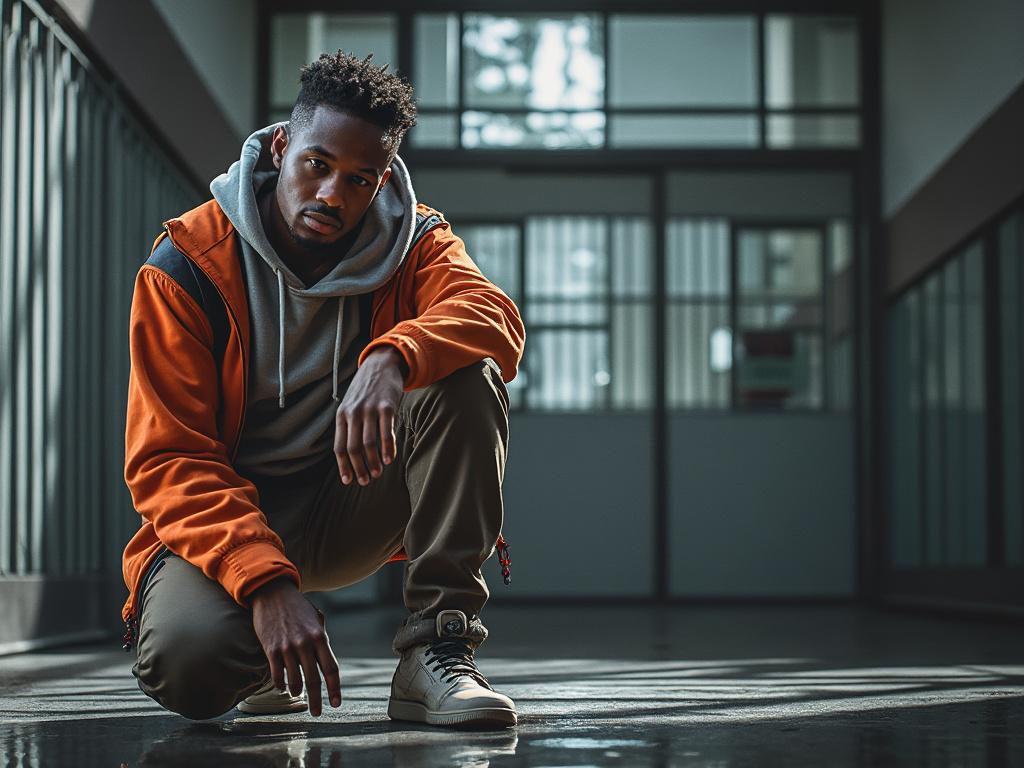 Man in an orange jacket and hoodie crouching in a hallway with glass doors. Man in an orange jacket and hoodie crouching in a hallway with glass doors.
