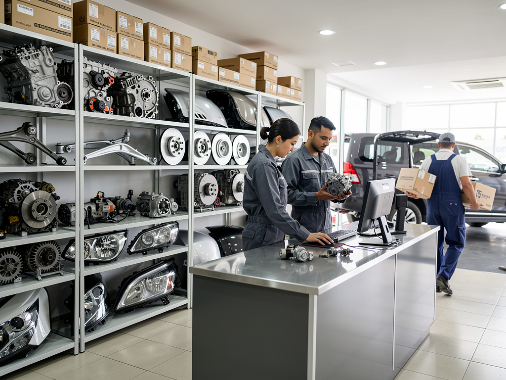 Tienda de repuestos automotrices con mecánicos revisando piezas y estanterías llenas de motores, faros y componentes Tienda de repuestos automotrices con mecánicos revisando piezas y estanterías llenas de motores, faros y componentes