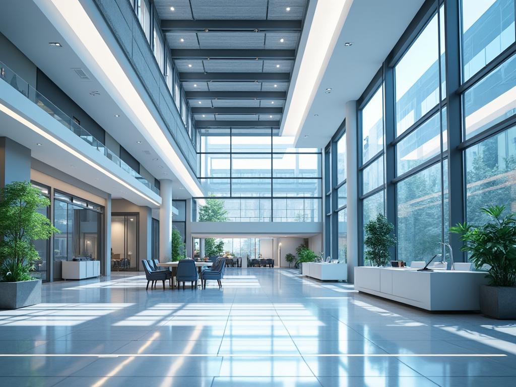 Espaço moderno de escritório com teto alto, janelas amplas e plantas decorativas.