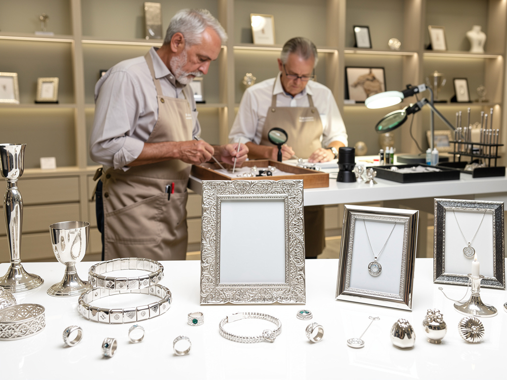 Joyeros artesanos trabajando en taller de lujo con joyas de plata, marcos, collares y objetos decorativos