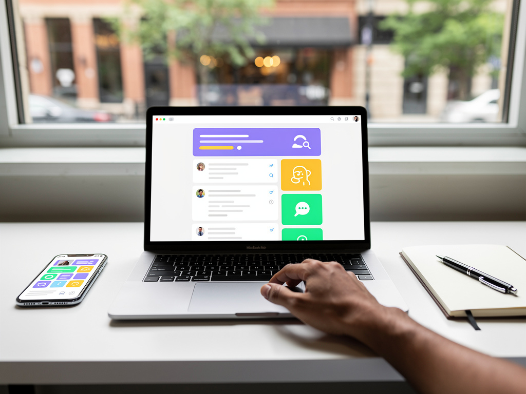 Person using laptop with colorful app dashboard, smartphone, notebook and pen on desk by window