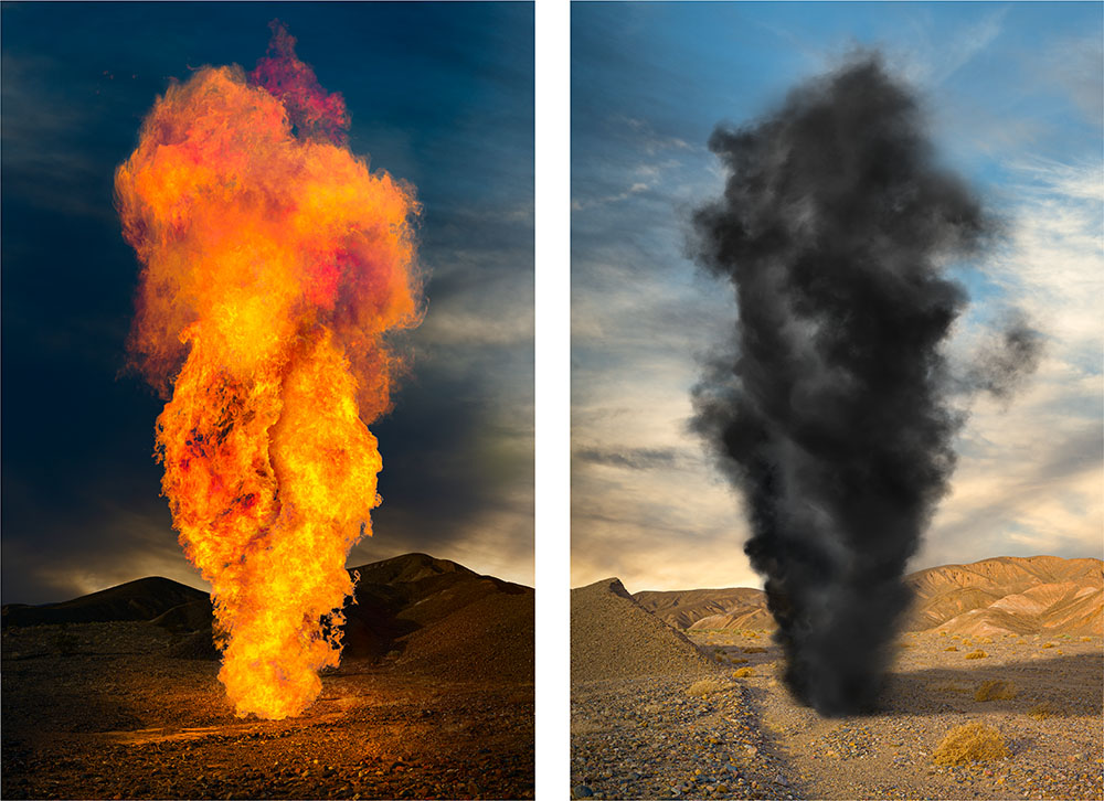 Diptych showing a column of fire in a desert landscape at night, and a column of black smoke in the same landscape during the day. 