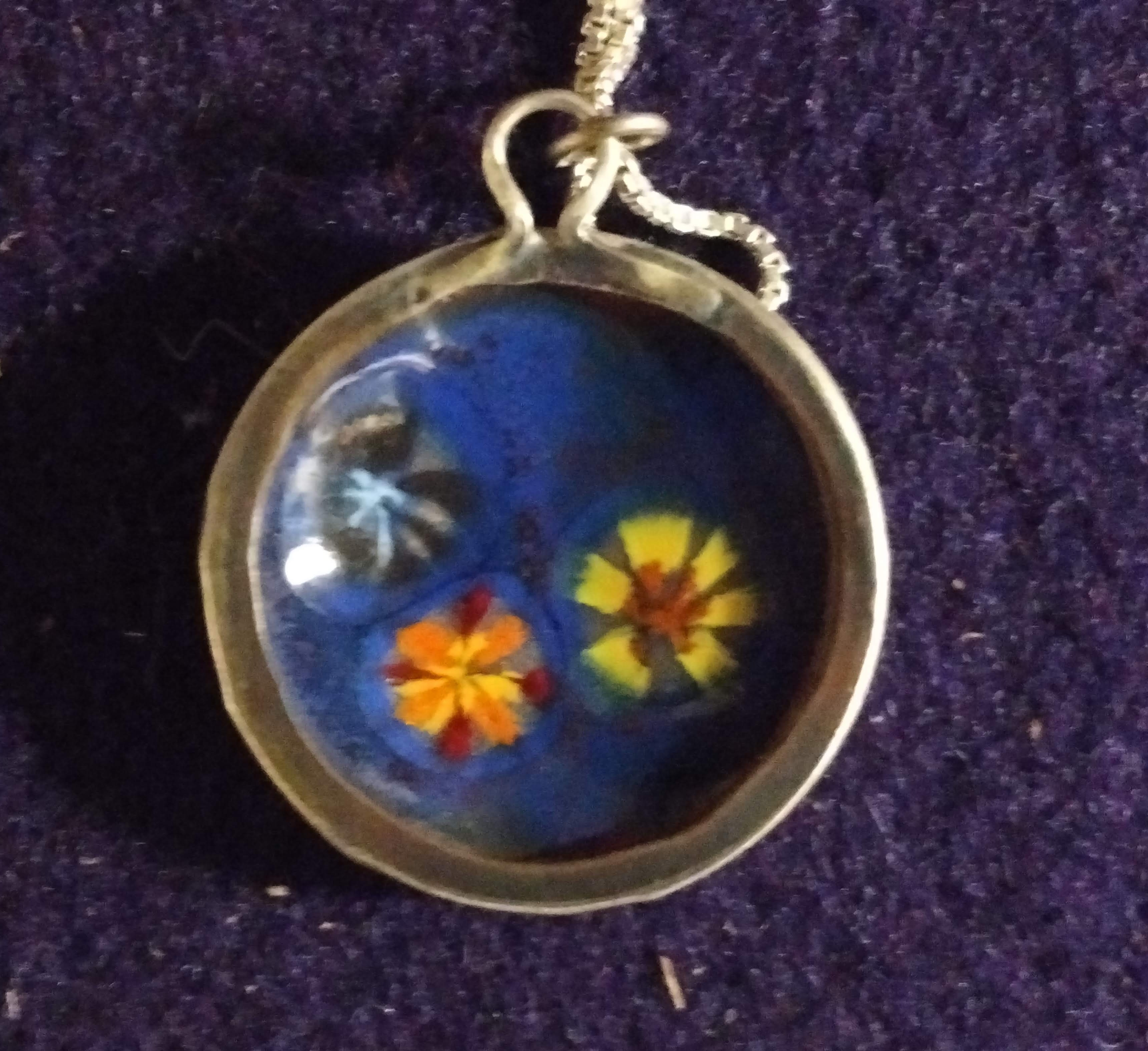 JPn006b DAISIES Copper Enamel with millefiori set in Sterling back