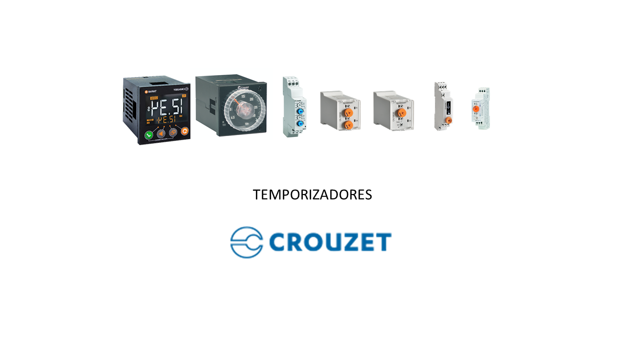 Varios modelos de temporizadores Crouzet alineados sobre fondo blanco