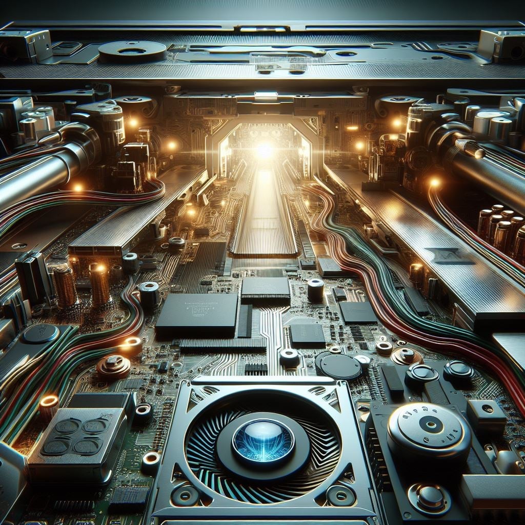 Primer plano de un circuito impreso futurista iluminado con componentes tecnológicos y un resplandor central.