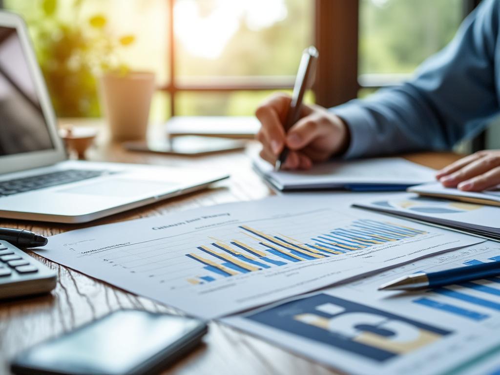 Persona trabajando en un escritorio con gráficos de barras, computadora portátil y documentos.