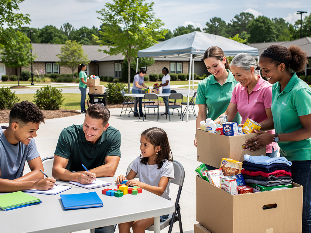 Community volunteers distributing food and clothing donations while children receive tutoring at an outdoor charity event