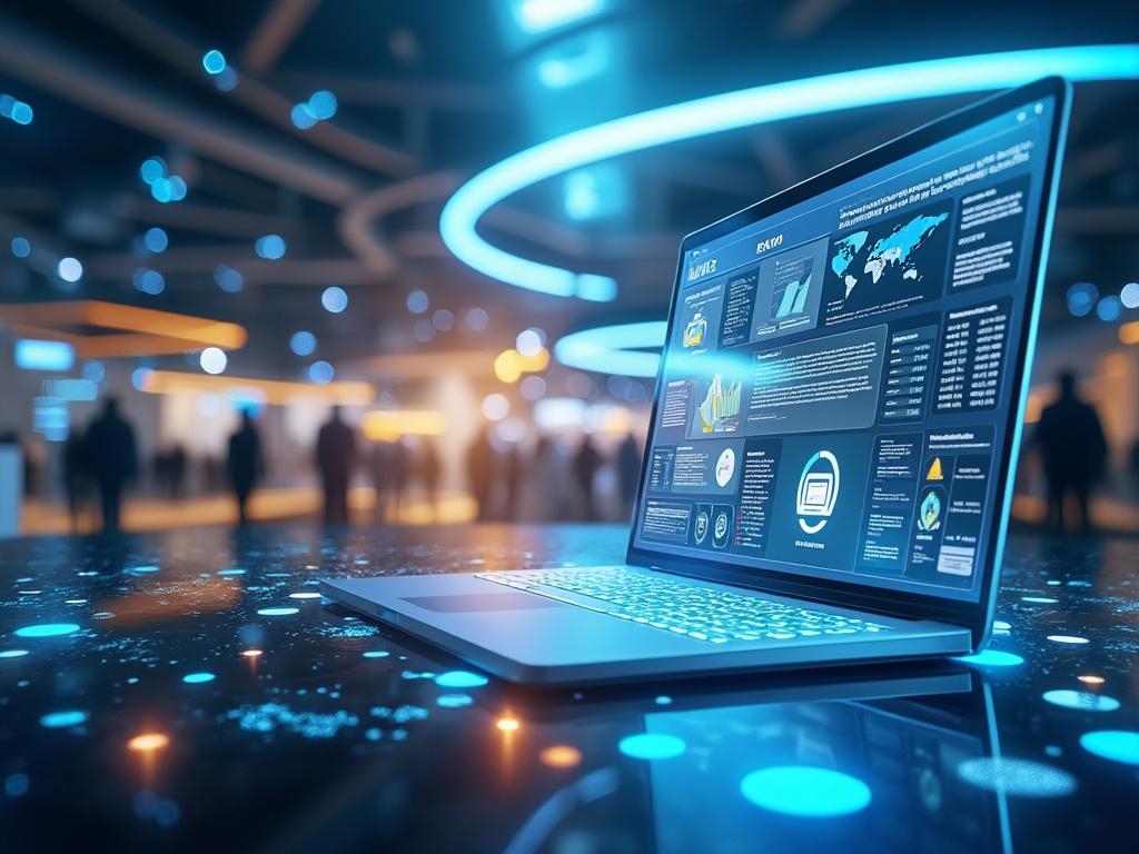 Futuristic workspace with laptop displaying data analytics dashboard, surrounded by blurred figures in a tech environment with blue neon lights.