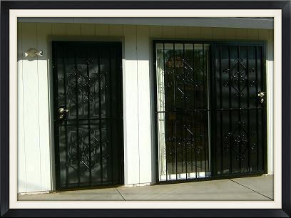 Elegante Patio Door guard with steel screen on active side only. Shown next to single Elegante security screen door