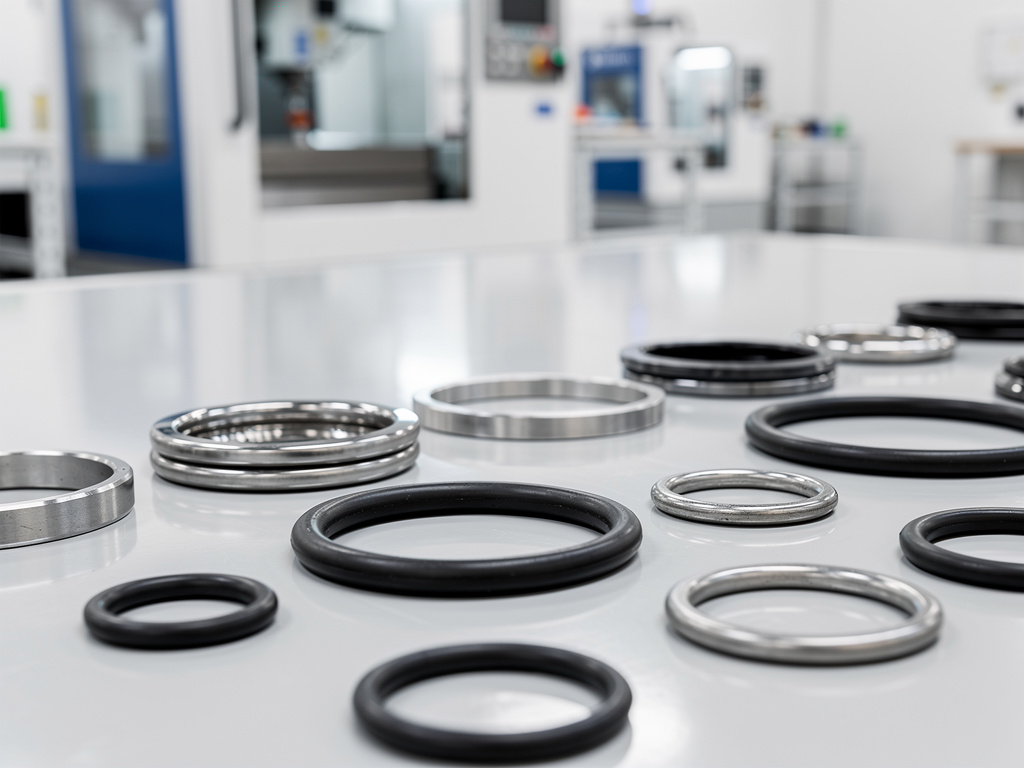 Juntas tóricas de goma y anillos metálicos sobre mesa en laboratorio industrial limpio