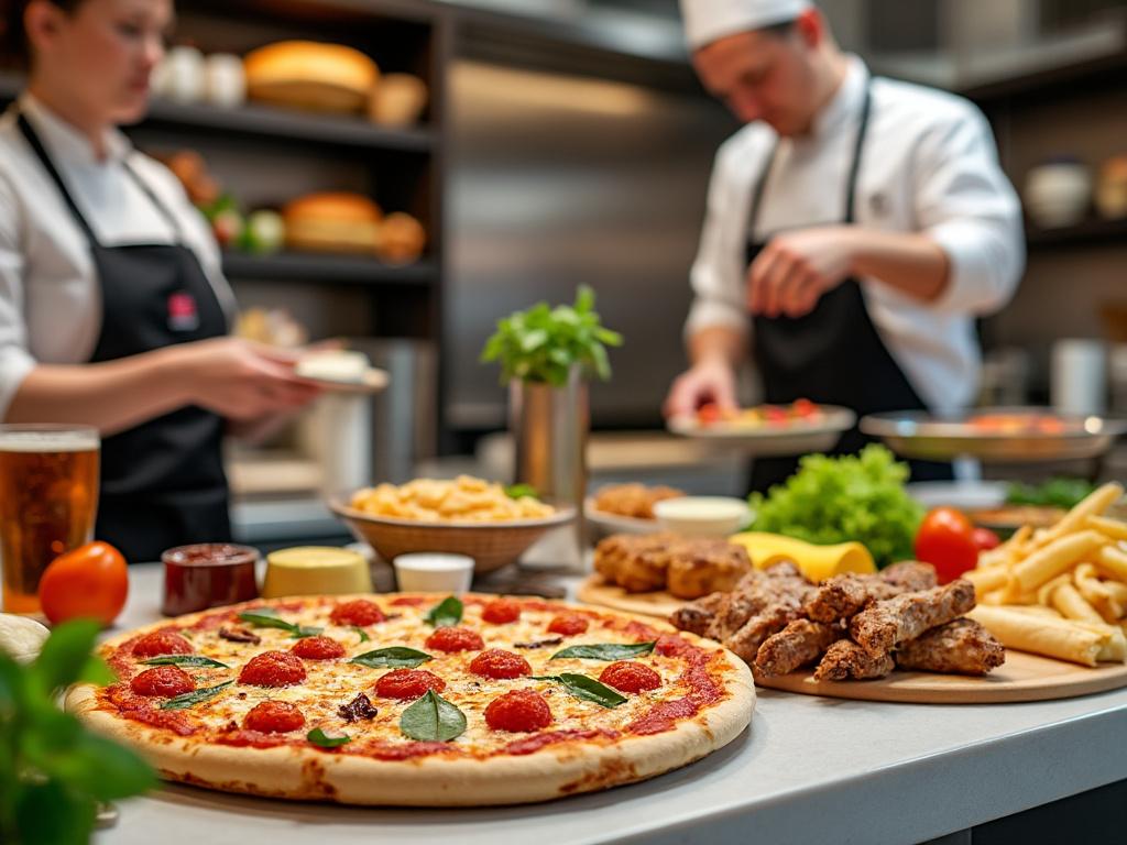 Pizzas y platos variados en una cocina con chefs trabajando en segundo plano.