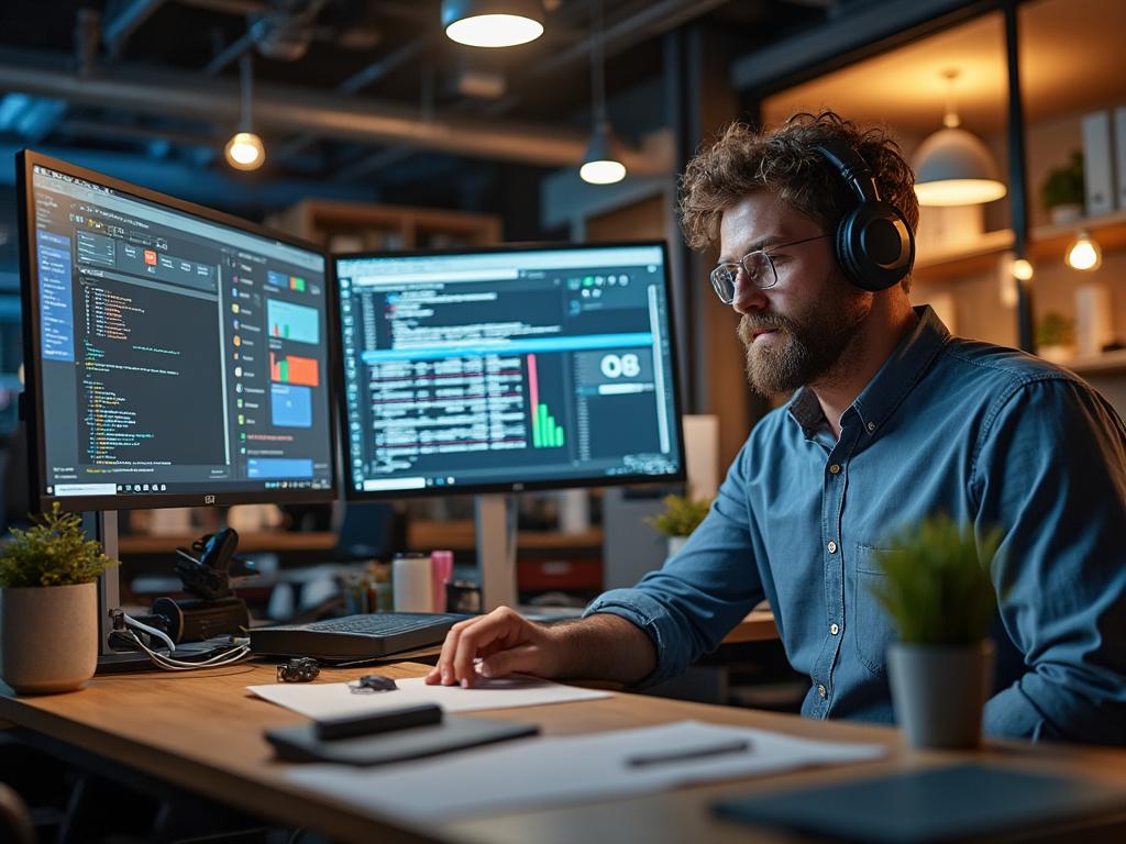 Software developer wearing headphones working on dual monitors with code and graphs in a modern, well-lit office environment.