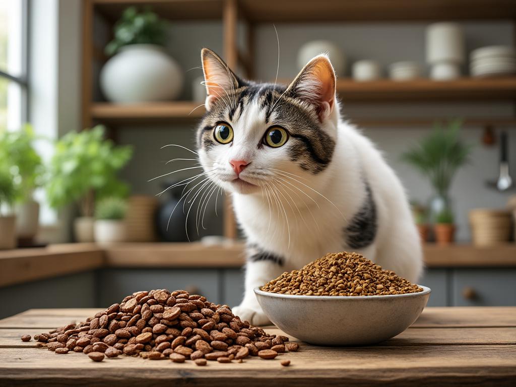 Gato curioso junto a tazones de comida seca en una cocina iluminada por el sol.