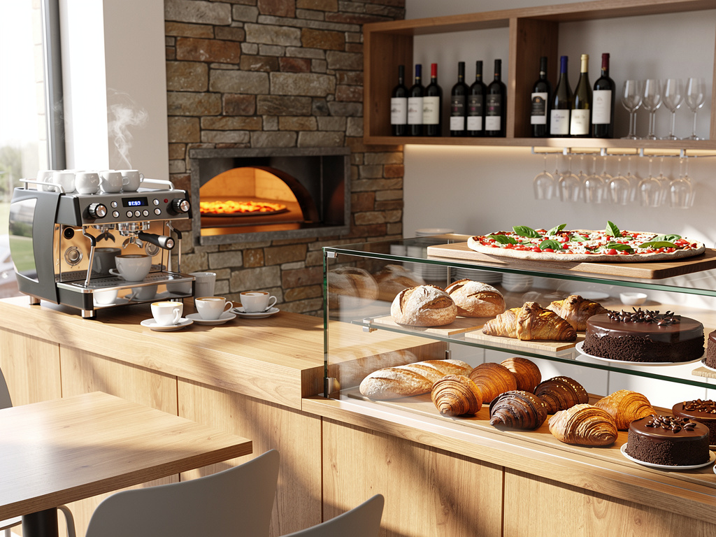 Cafetería moderna con vitrina de pasteles y croissants, pizza artesanal, máquina de café, horno de leña y estantería de vinos
