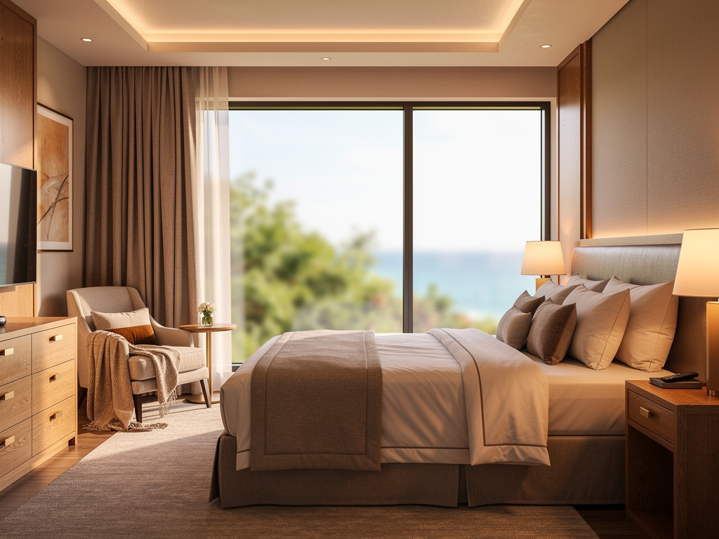 Dormitorio moderno y acogedor con cama grande, ventanal panorámico con vista al mar y decoración en tonos cálidos
