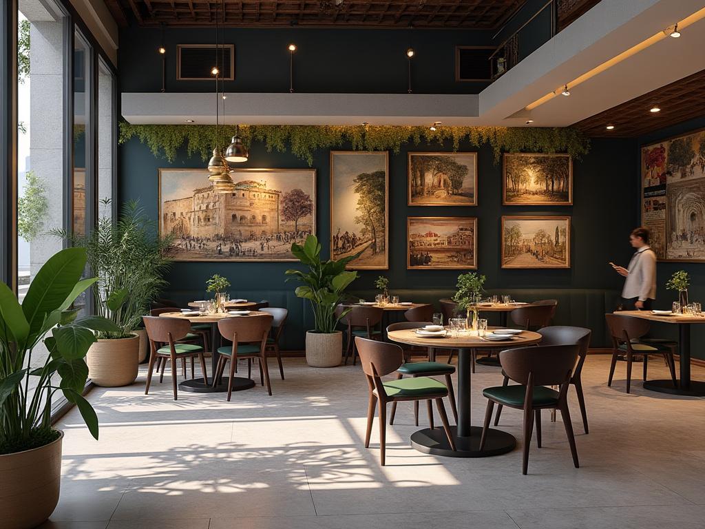 Interior de restaurante moderno con mesas redondas, sillas de madera, plantas decorativas y cuadros en las paredes. Interior de restaurante moderno con mesas redondas, sillas de madera, plantas decorativas y cuadros en las paredes.
