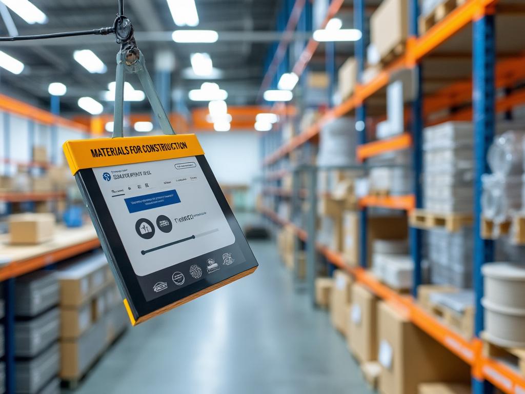 Estanterías de almacén con cajas y palets, foco en pantalla digital colgante que muestra 'Materials for Construction'.