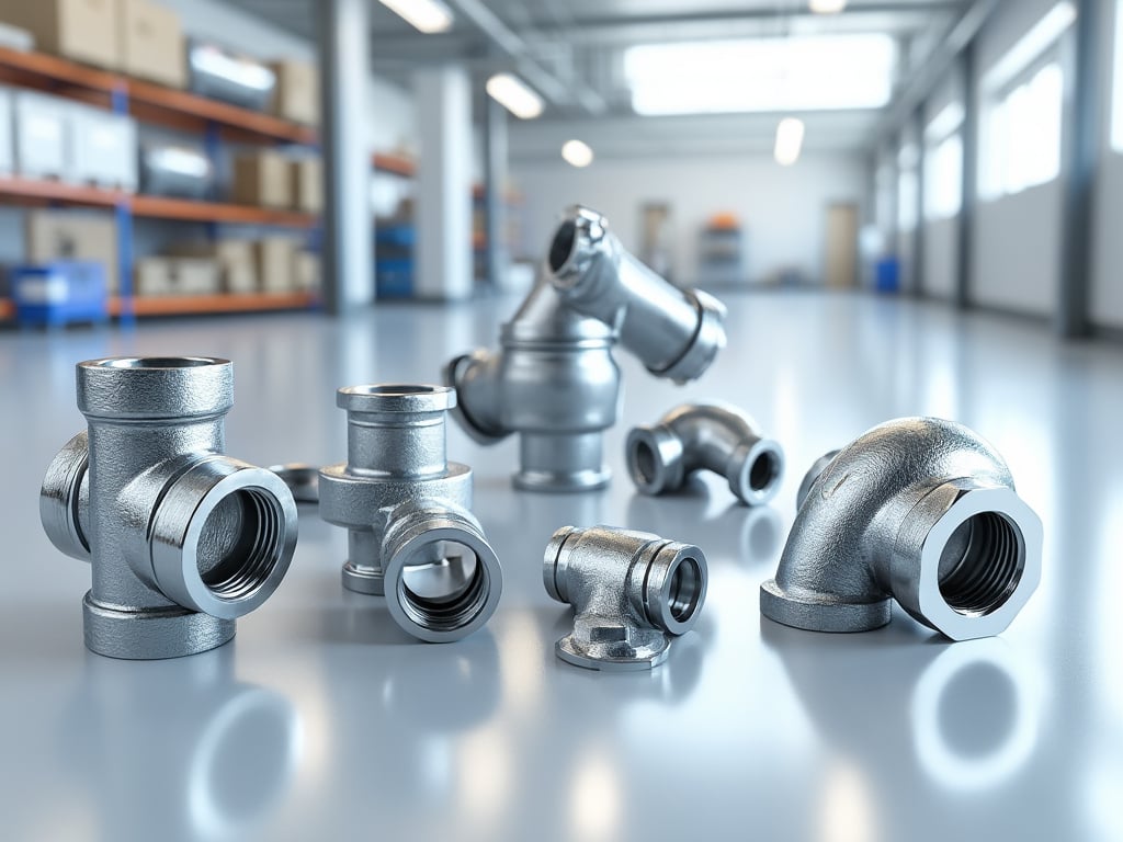 Conexiones de tubo metálicas en una superficie industrial brillante con estantes al fondo. Conexiones de tubo metálicas en una superficie industrial brillante con estantes al fondo.