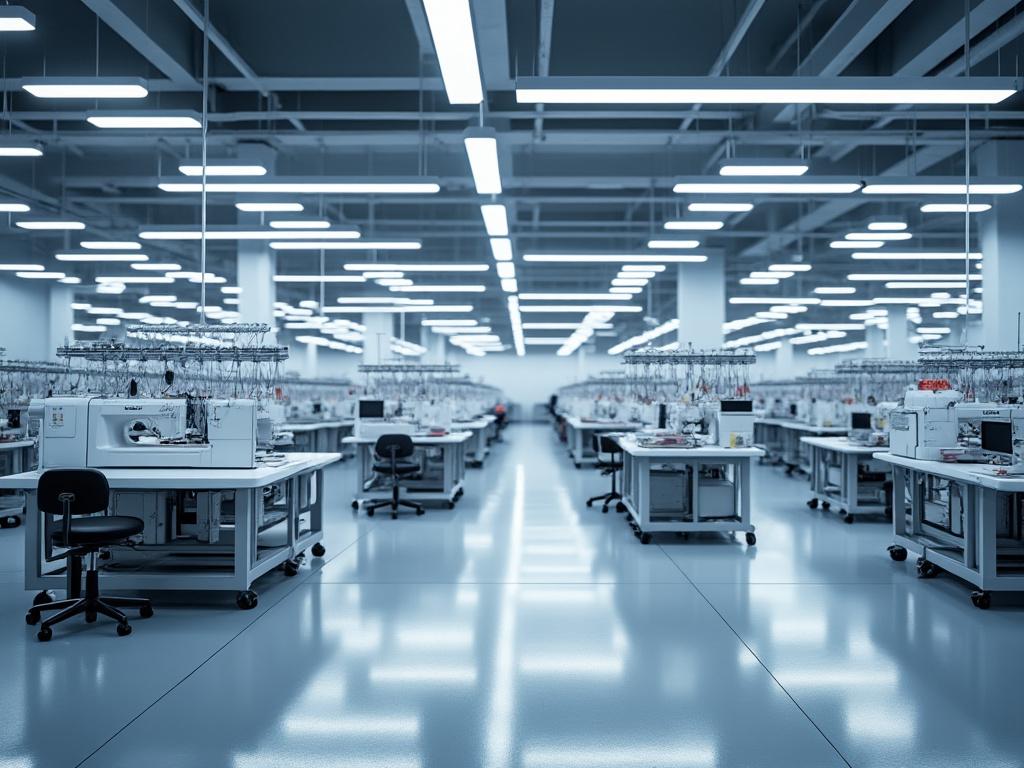 Fábrica moderna con numerosas máquinas de coser en filas, iluminación blanca y diseño industrial.