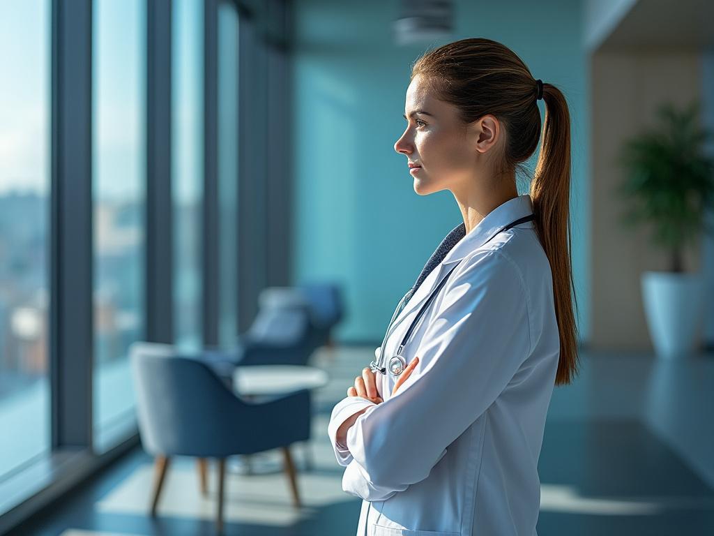 Mujer médica de pie junto a una ventana grande, mirando al horizonte, con bata blanca y estetoscopio en clínica moderna.