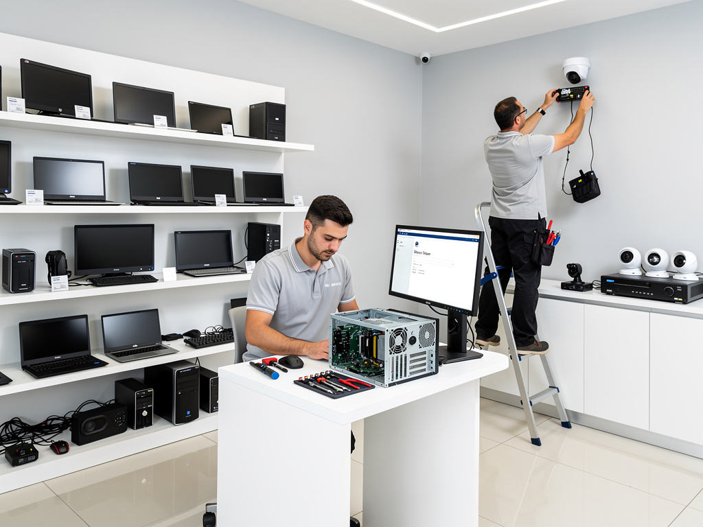 Técnicos reparando ordenador e instalando cámaras de seguridad en tienda de informática