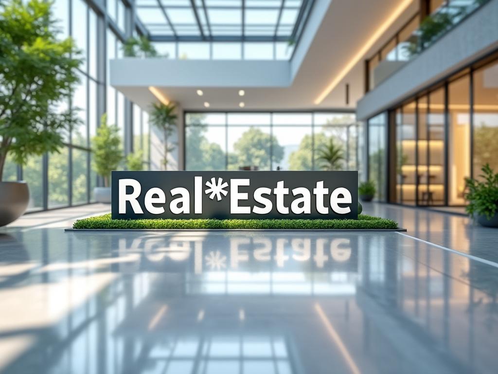 Espacio interior moderno con cartel de 'Real Estate' sobre césped, plantas y grandes ventanales de fondo.