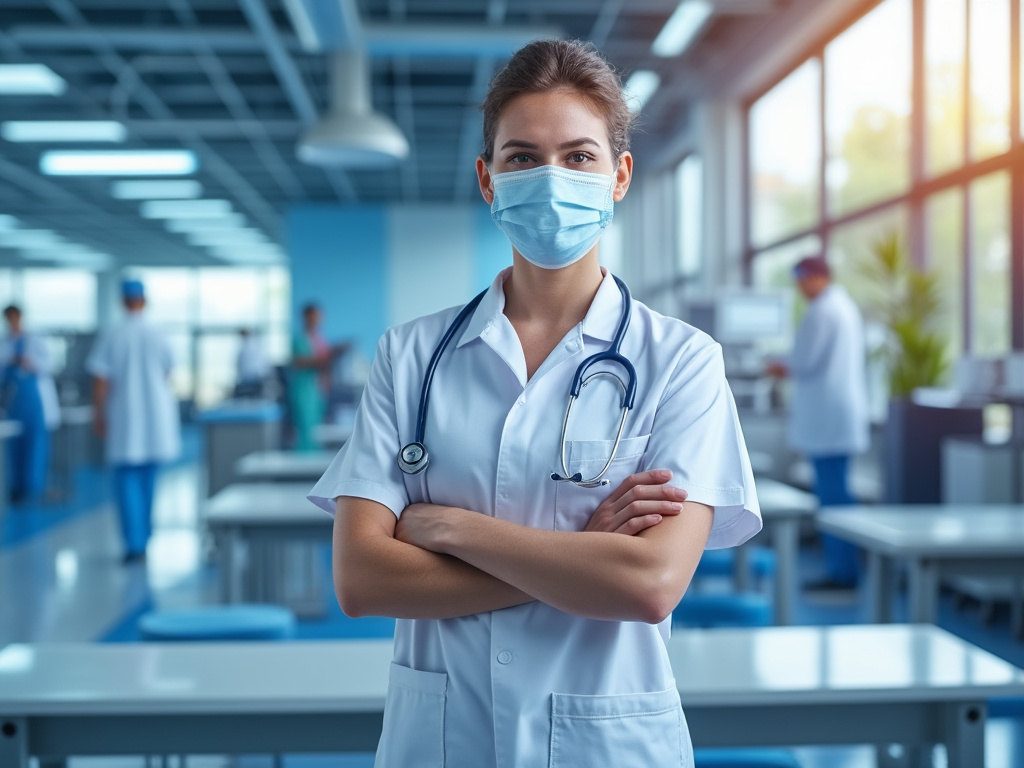 Médico con mascarilla y estetoscopio en hospital iluminado por el sol, con personal de fondo