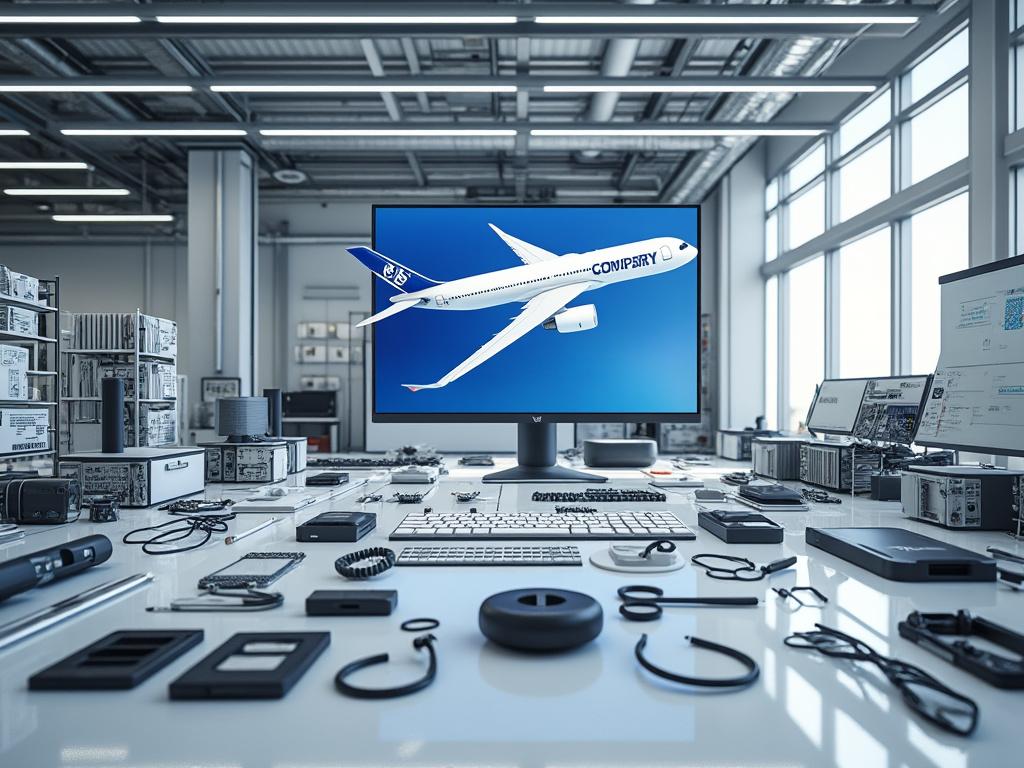 Oficina moderna con escritorio lleno de dispositivos electrónicos y monitor mostrando un avión volando.