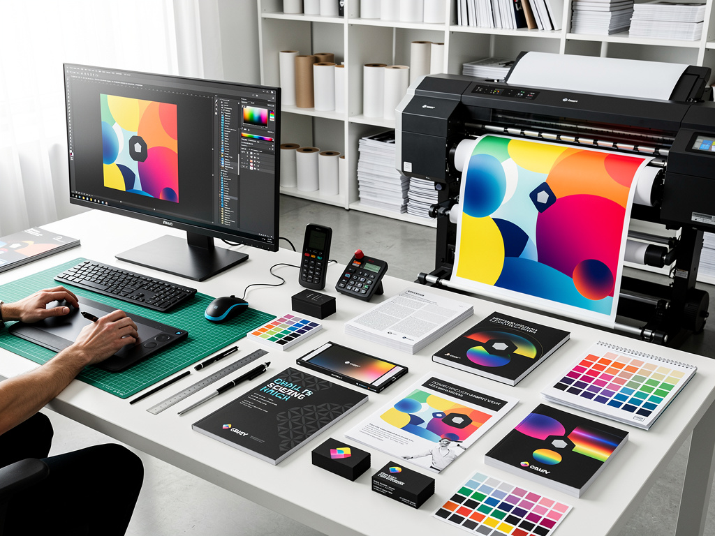 Diseñador gráfico preparando impresión de gran formato con plotter, monitor, tableta digital y muestras de color en estudio creativo
