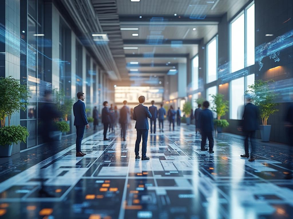 Business professionals walking in a futuristic, digital-themed conference hallway with large windows and potted plants. Business professionals walking in a futuristic, digital-themed conference hallway with large windows and potted plants.