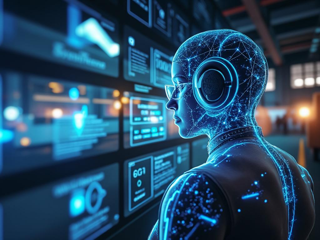 Figura cibernética con auriculares observando una pantalla digital llena de datos holográficos y gráficos futuristas.