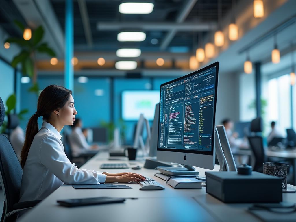 Mujer programadora trabajando en un ordenador en una oficina moderna con otros empleados al fondo.