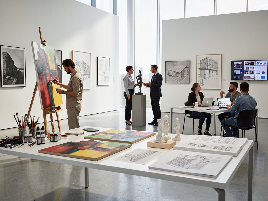 Galería de arte contemporáneo con artista pintando, planos arquitectónicos, esculturas y equipo creativo trabajando en oficina moderna