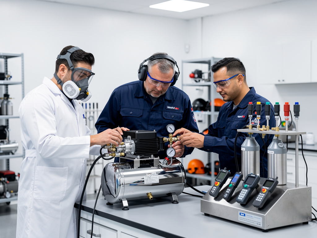 Técnicos de laboratorio con gafas de seguridad prueban un compresor de aire y equipos de calibración industrial