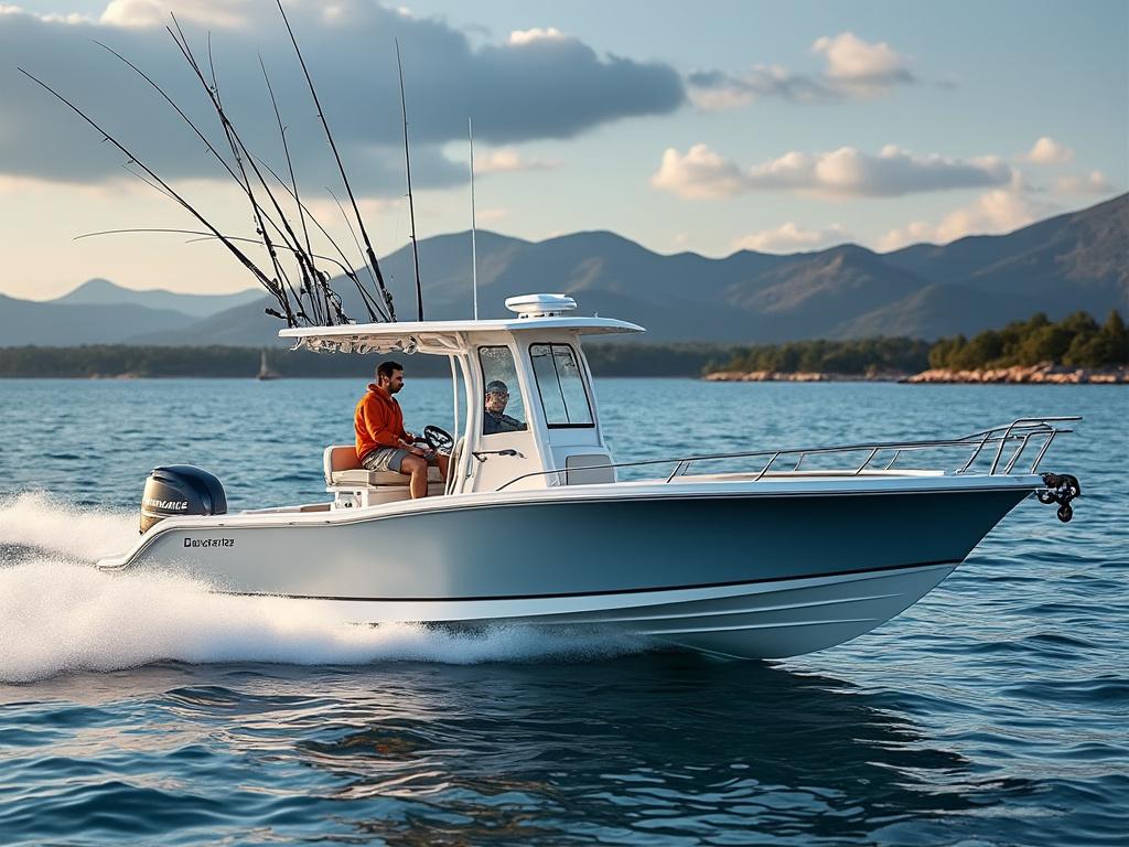 Lancha de pesca rápida en el mar, montañas al fondo, cielo parcialmente nublado.