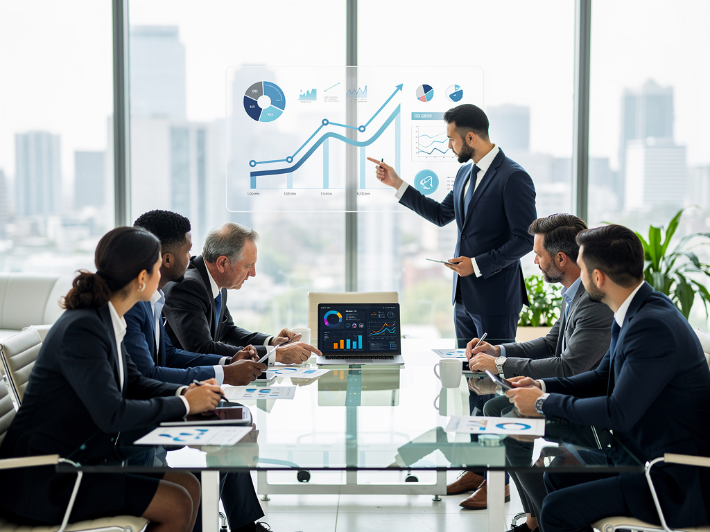 Business team meeting with executive presenting growth charts and analytics dashboard in modern office