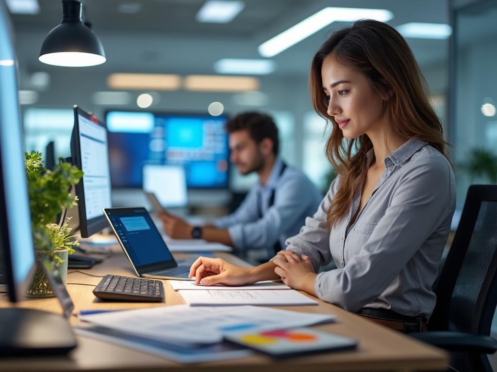 Mujer trabajando en una oficina moderna, frente a una computadora portátil y documentos, con un colega al fondo.