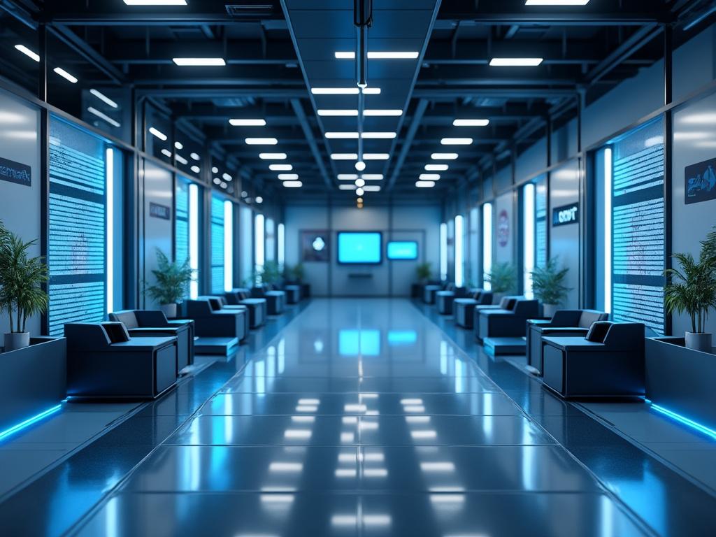 Pasillo moderno y futurista con iluminación LED azul, sillones negros y plantas decorativas a los lados.