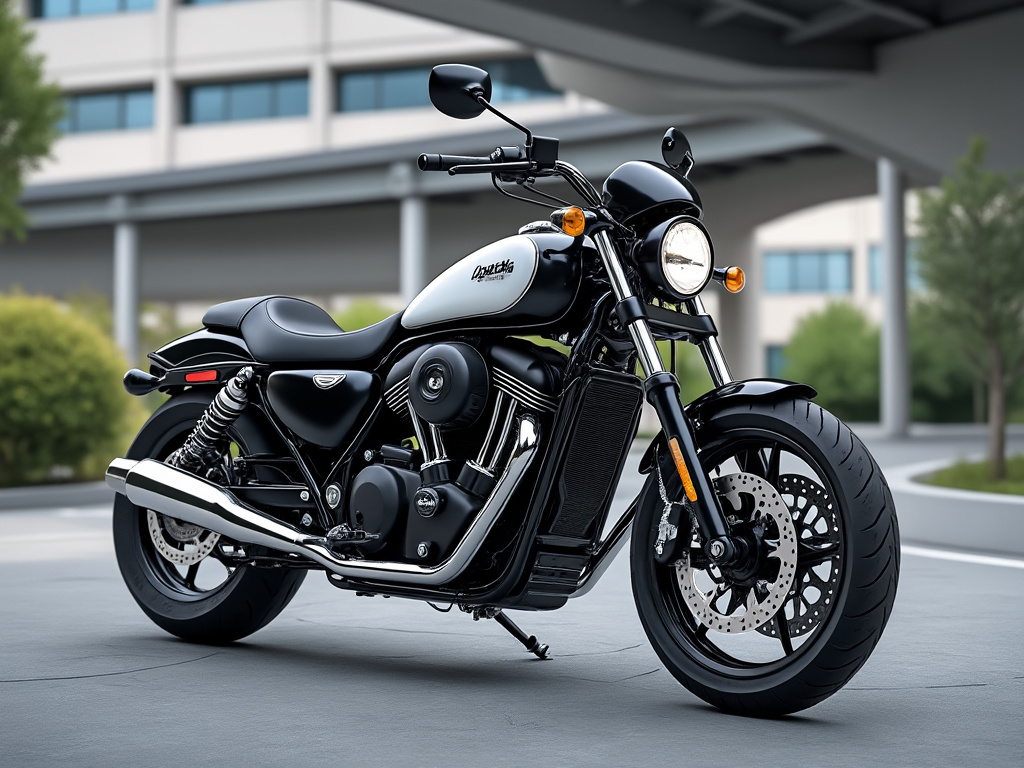 Motocicleta negra y blanca estacionada en un entorno urbano moderno con fondo de edificio.