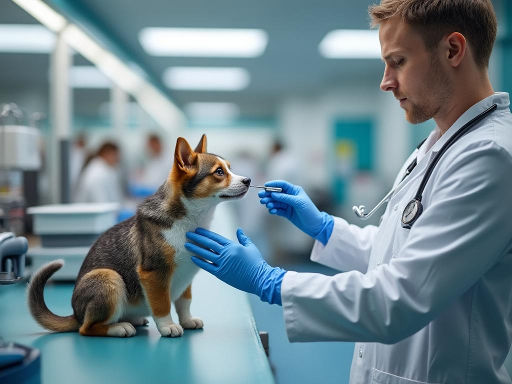Veterinario examinando a un perro en una clínica veterinaria con guantes y estetoscopio.