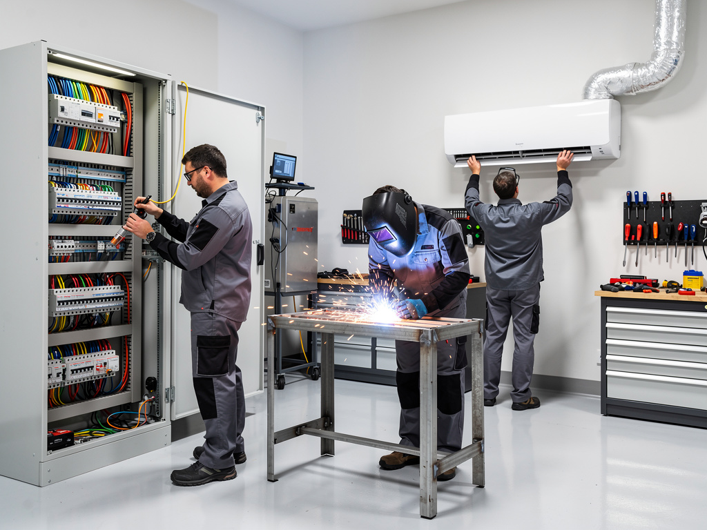 Técnicos industriales trabajando en instalación eléctrica, soldadura metálica y mantenimiento de aire acondicionado en taller moderno