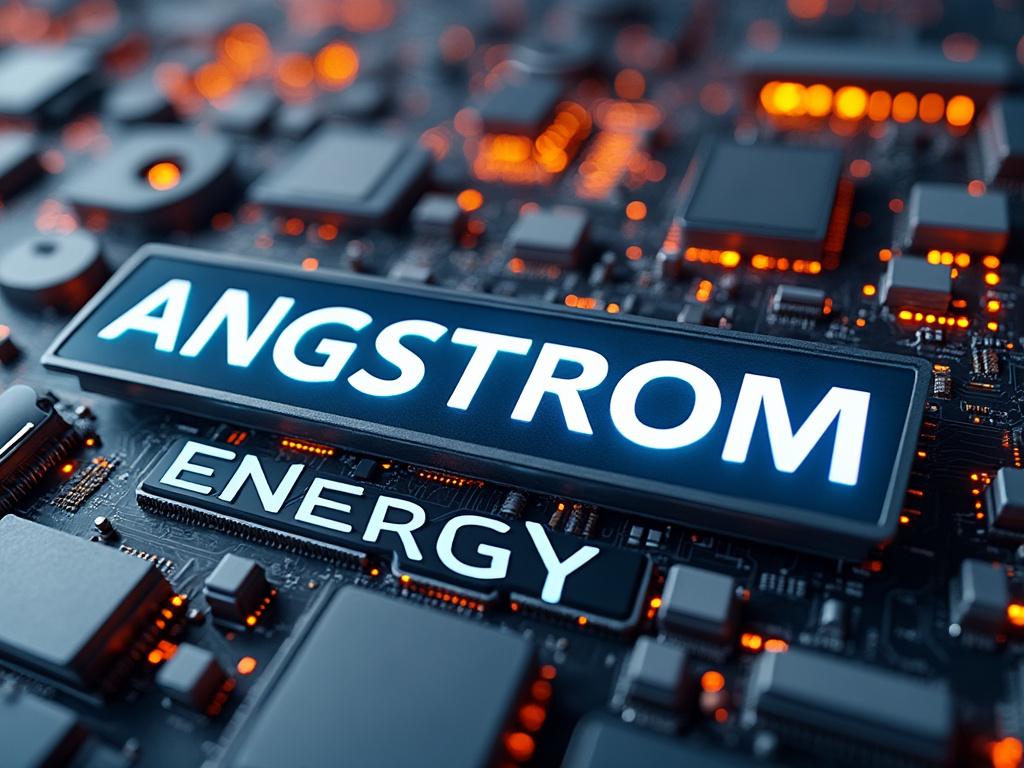 Primer plano de una placa de circuito con luces LED naranjas brillantes y texto que dice 'ANGSTROM ENERGY'.