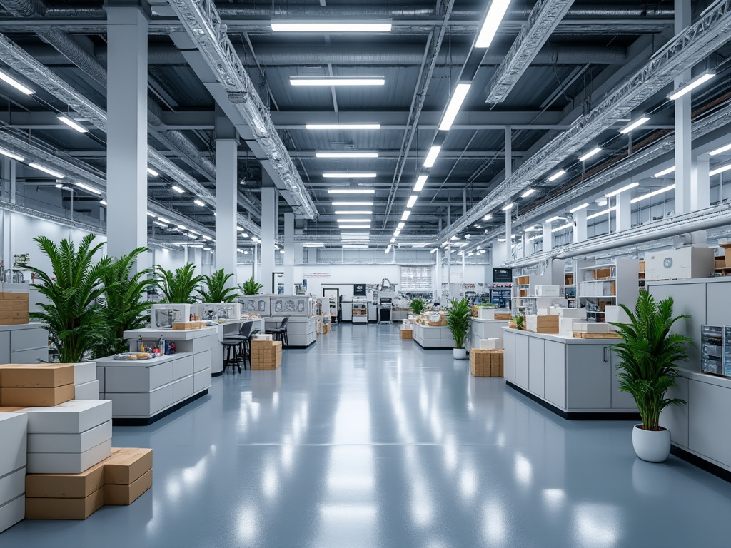 Interior de una moderna fábrica con suelos brillantes, plantas decorativas y techos altos con iluminación LED.