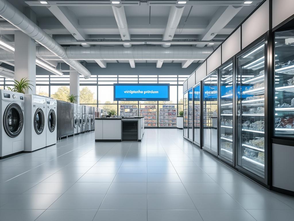 Tienda moderna de electrodomésticos con lavadoras y refrigeradores en exhibición, piso de baldosas grises y techo con iluminación industrial.