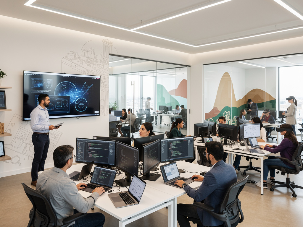 Equipo de desarrolladores trabajando en oficina moderna con pantallas de código y presentación de análisis de datos