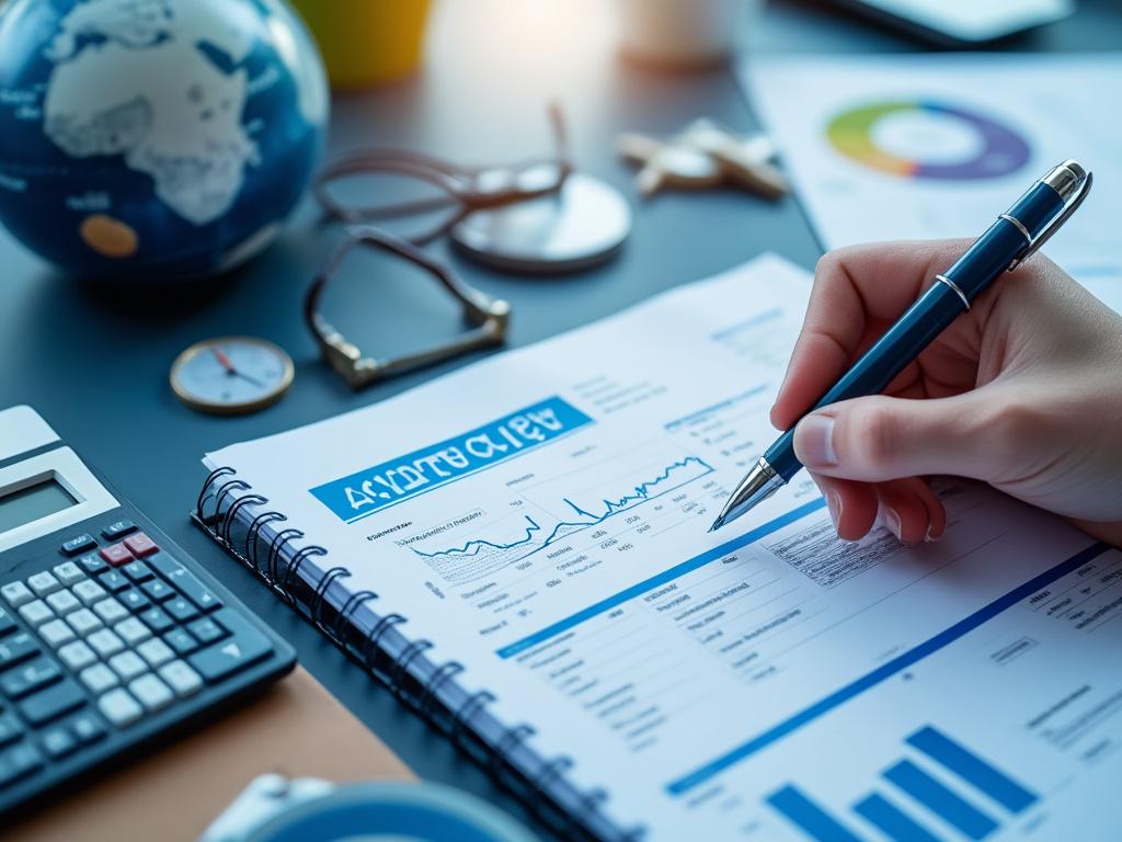 Mano sosteniendo un bolígrafo sobre un informe financiero, con calculadora, brújula y globo terráqueo en el fondo.